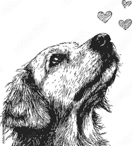 Dog portrait sketch hand drawn with hearts, looking up in love. Vector illustration
