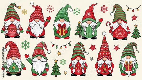 A charming collection of festive christmas gnomes in traditional red and green colors adorned with intricate patterns holding gifts and candy canes surrounded by snowflakes and holiday lights