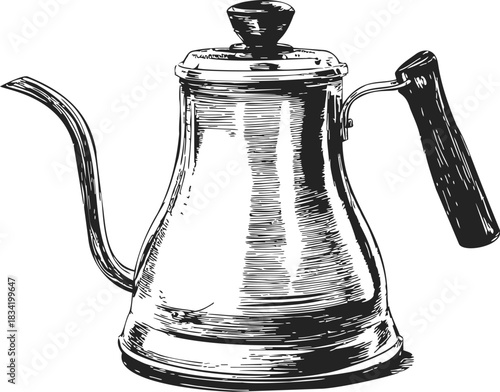 Gooseneck kettle sketch hand drawn with detailed handle and spout. Vector illustration