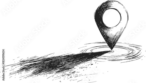 Location pin sketch, hand drawn with dynamic shadow and circular ripple. Vector illustration