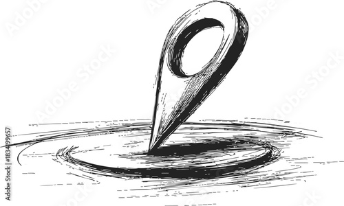 Location pin sketch, hand drawn map marker with rough lines and circular shadow. Vector illustration
