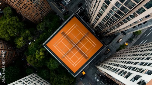 Rooftop Tennis Court Urban Sport Oasis Amidst City Skyscrapers.