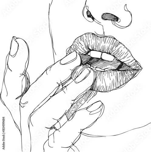 Lips and hand sketch, hand drawn line art with sensual expression. Vector illustration
