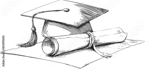 Graduation cap sketch, hand drawn diploma scroll and tassel on paper. Vector illustration