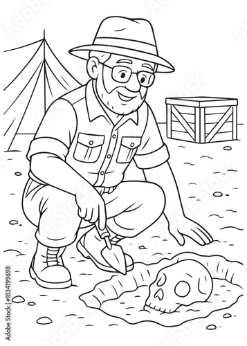 Coloring book Father archaeologist digging dinosaur skull on excavation site