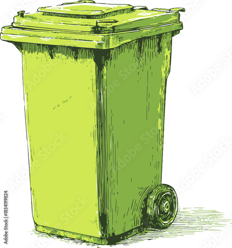 Trash can sketch, hand drawn green wheeled outdoor garbage bin. Vector illustration