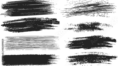 Grunge brush strokes set, sketch hand drawn ink textures, abstract artistic elements. Vector illustration