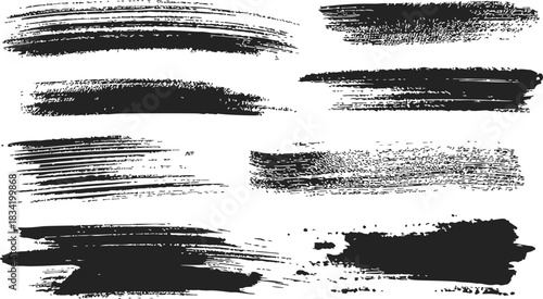 Black brush strokes sketch hand drawn set with grunge texture elements. Vector illustration