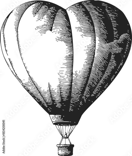 Heart shaped hot air balloon sketch, hand drawn vintage style, detailed shading. Vector illustration