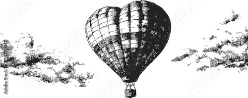 Heart shaped hot air balloon sketch, hand drawn style with clouds. Vector illustration