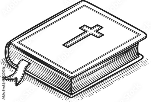 Bible sketch hand drawn with cross on cover and ribbon bookmark. Vector illustration