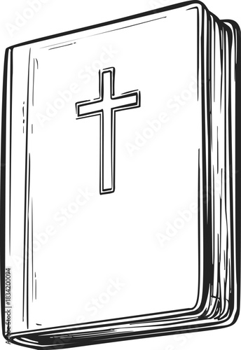 Bible sketch hand drawn with cross on cover, simple outlined holy book. Vector illustration