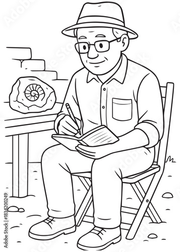 Coloring book Father archaeologist recording fossil notes while sitting on chair