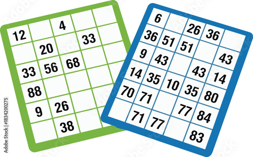 Vibrant green and blue Tambola or Bingo cards with scattered numbers, symbolizing luck, chance, casino games, entertainment, and a winning jackpot concept on a white background.