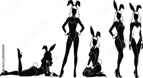 Set of Sexy Female Silhouettes Wearing Bunny Costume Outfits with Ears and Tails: Pin-up, Burlesque, Lingerie, and Retro Glamour Poses.