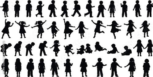 Mega Collection of Diverse Children Silhouettes: Boys and Girls Walking, Running, Jumping, and Playing with School Backpacks for Childhood and Education Graphics.