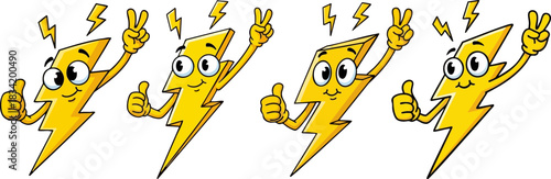 Cartoon lightning bolts showing peace sign and thumbs up on a black background