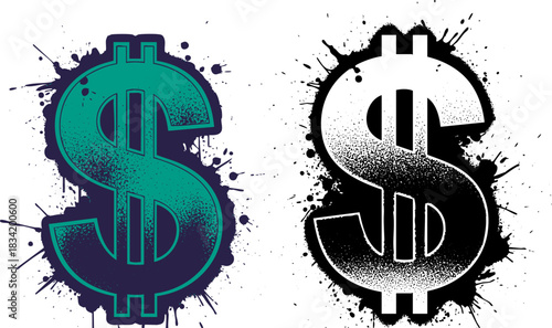 Dollar sign grunge vector art in green and white on a black and purple backdrop