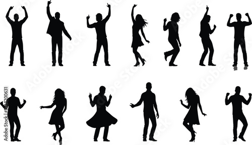 Set of Energetic People Silhouettes Dancing with Excitement and Joy: Party, Celebration, Nightclub, Disco, Freedom, and Dynamic Movement Vector Graphics.