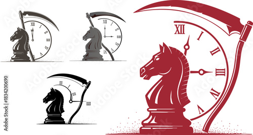 Chess knight with clock and scythe symbolizing time death and strategic mortality