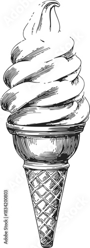 Ice cream cone sketch, hand drawn style with soft serve swirl. Vector illustration