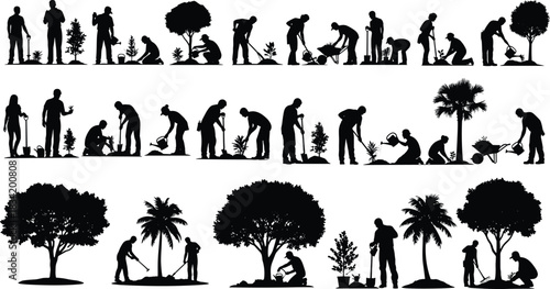 Set of People Silhouettes Planting Trees, Gardening, Shoveling Dirt, Watering Plants, and Working Outdoors for Agriculture and Environmental Care.