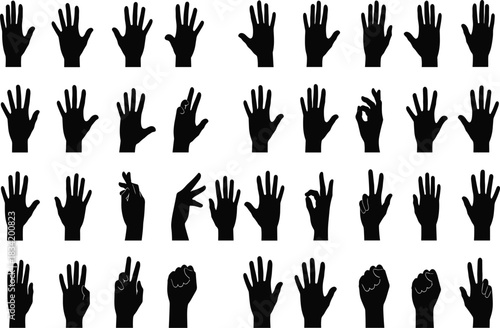 Black Silhouettes of Human Hand Gestures Vector Collection: Diverse Array of Signaling, Counting, Communication, and Universal Nonverbal Signs for Iconography and Design Resources.