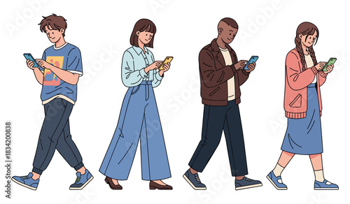 Diverse group of young adults engaging with smartphones