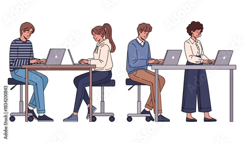 Diverse team of young adults working on laptops in office setting