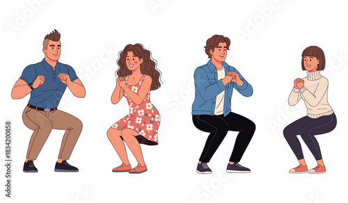 Diverse group exercising together: cartoon characters squatting