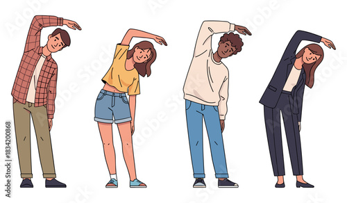 Diverse group exercising: young adults stretching together for fitness