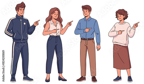Diverse young adults in casual clothing pointing and smiling