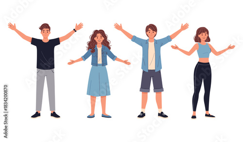 Group of diverse young adults with raised arms in casual attire