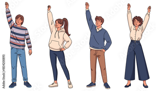 Diverse young adults in casual outfits raising hands