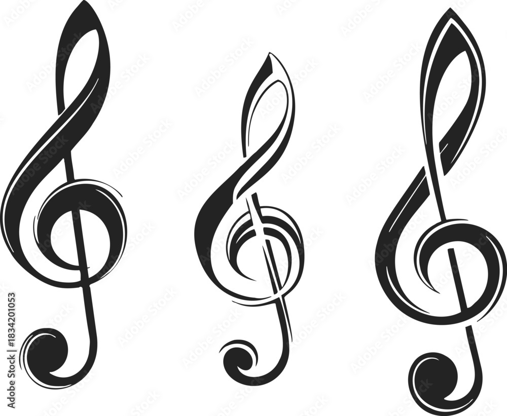 Obraz premium Treble clef symbols sketch hand drawn set of three stylized music notation. Vector illustration