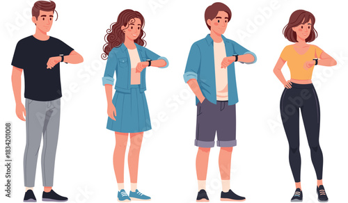 Young diverse adults checking smartwatches illustrating technology use