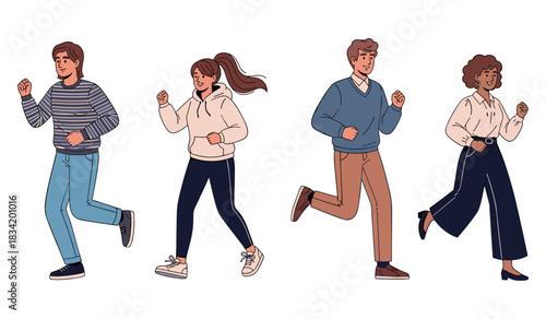 Young diverse adults jogging in casual outfits on white background