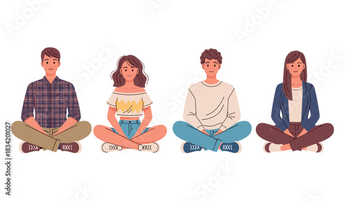 Diverse young adults sitting cross-legged together on white background