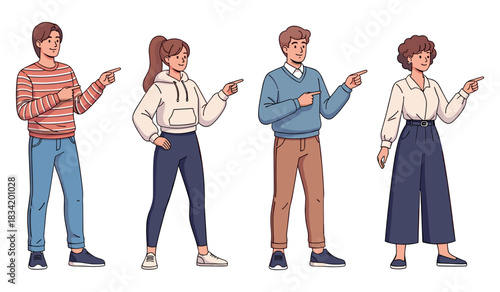 Group of diverse young adults pointing in different directions