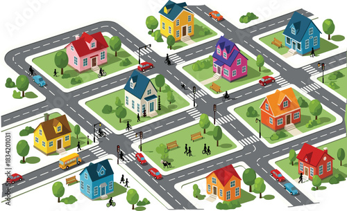 Vibrant Isometric Neighborhood Illustration: Residential Community with Houses, Roads, People, and Cars Depicting Modern Suburban Life and Traffic.