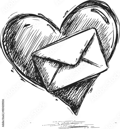 Heart with envelope sketch, hand drawn romantic mail illustration. Vector illustration