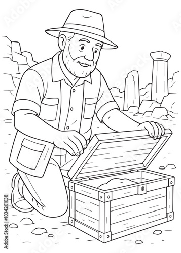 Coloring book Father archaeologist opening treasure chest at excavation site