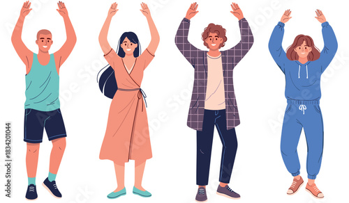 Diverse group of people raising hands together in unity and joy