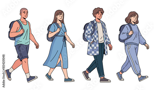 Group of diverse young adults walking together with backpacks