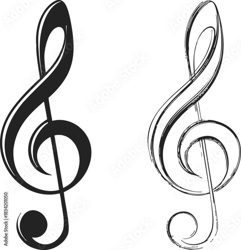 Treble clef symbol, sketch and hand drawn style, black and white music icon. Vector illustration