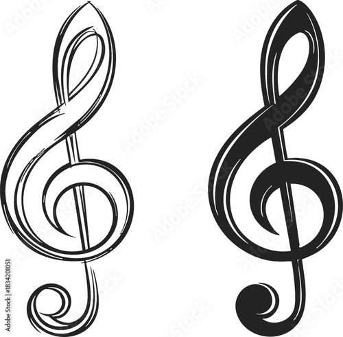 Treble clef symbols sketch and bold hand drawn style black and white. Vector illustration