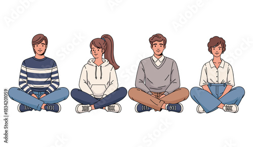 Diverse group of young adults sitting cross-legged in casual attire
