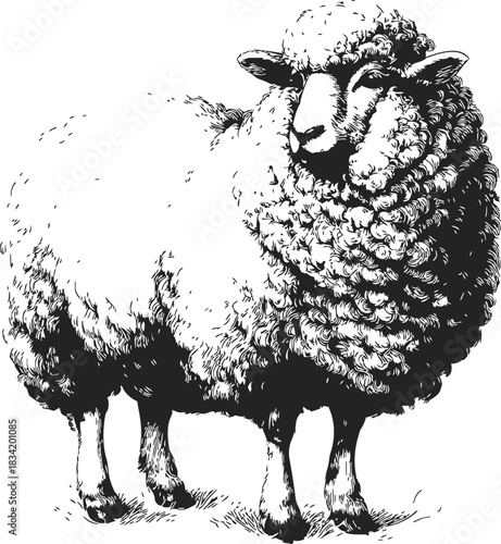 Sheep sketch hand drawn farm animal with curly wool standing. Vector illustration