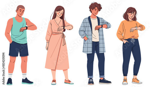 Diverse group checking watches: young adults in casual attire illustration