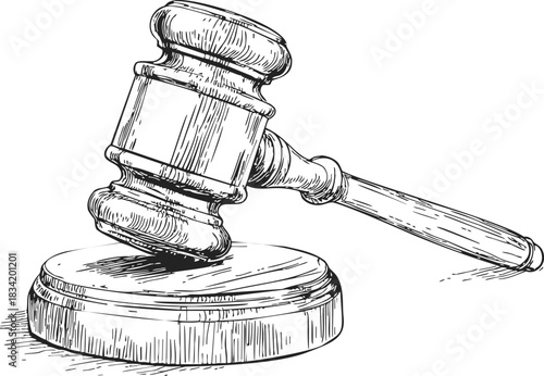 Gavel sketch hand drawn style with sound block for court or auction. Vector illustration